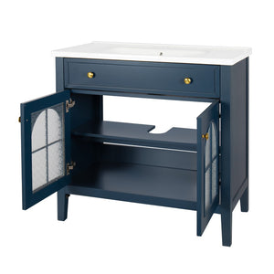 English Elm 35.6" Freestanding Bathroom Vanity with Roman Column Base and Ceramic Integrated Sink Blue W1801S00013