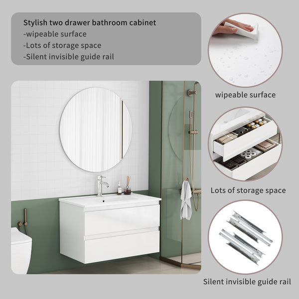 English Elm 31.5-inch Modern Bathroom Vanity with Integrated Ceramic Basin, Soft-Close Drawers, Black Accents Glossy White 35.04 L x 21.06 W x 6.89 H W3151S00064