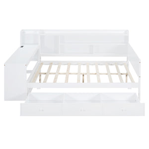 English Elm Full Size Wooden Daybed With Integrated Desk, Usb Ports, 3 Drawers & Modern White Finish N820S00018K