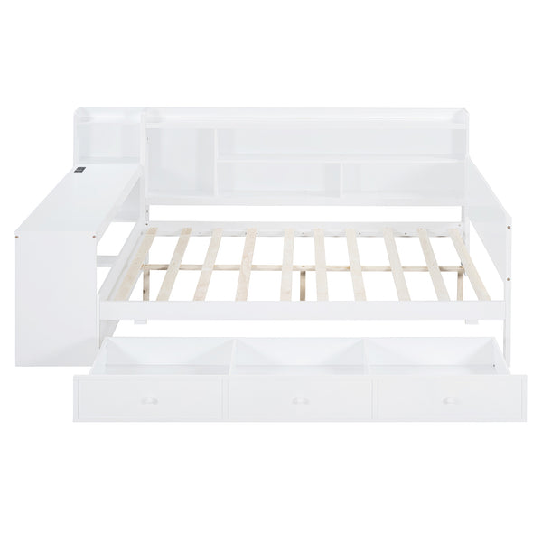 English Elm Full Size Wooden Daybed With Integrated Desk, Usb Ports, 3 Drawers & Modern White Finish N820S00018K