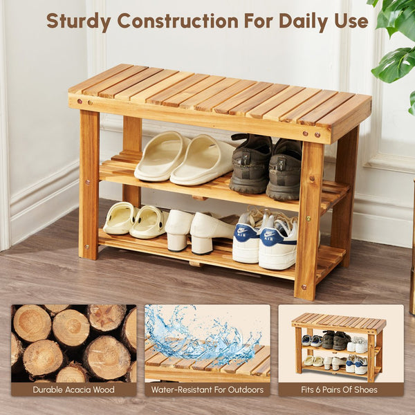 English Elm Acacia 2-Tier Shoe Rack Bench — Natural Acacia Wood Organizer, Compact 200 lb Seat, Easy Assemble W2391P149801