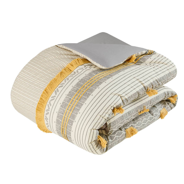 English Elm 3 INK+IVY Cody Cotton Comforter Set Full/Queen with Pom Pom Trim, OEKO-TEX Certified, Striped Style Gray+Yellow 21.65 L x 22.83 W x 9.45 H B035128785