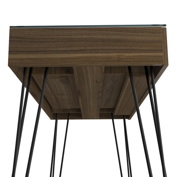 English Elm Kyoto Industrial 120 Writing Desk with Hairpin Metal Legs, Glass Top & Spacious Single Drawer, Brown B128S00166