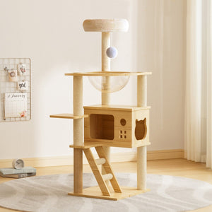 English Elm 48.8" Modern Wood Cat Tower Sisal Posts Acrylic Hammock Perch for Indoor Cats W3101P314628