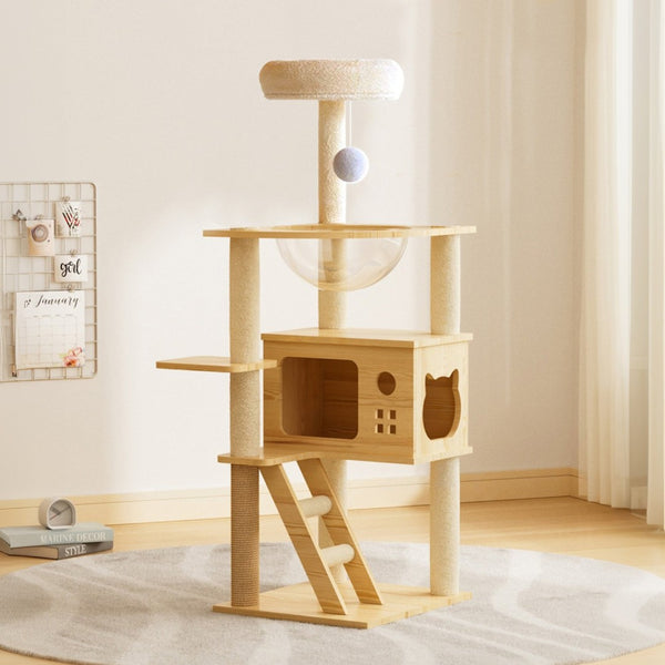 English Elm 48.8" Modern Wood Cat Tower Sisal Posts Acrylic Hammock Perch for Indoor Cats W3101P314628