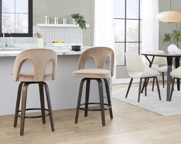 English Elm Fixed-height Swivel Counterstools Velvet Seat Walnut Bentwood Legs Set of Two B202S01794