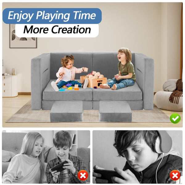 English Elm 12 Piece Modular Foam Play Couch Set Velvet Convertible Sofa Fort for Kids Playroom Light Gray T5880P493403