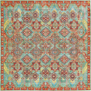 Unique Loom Austin Cavatina Machine Made Border Rug Green, Burgundy/Gray/Light Blue/Peach/Puce/Yellow 8' 0" x 8' 0"