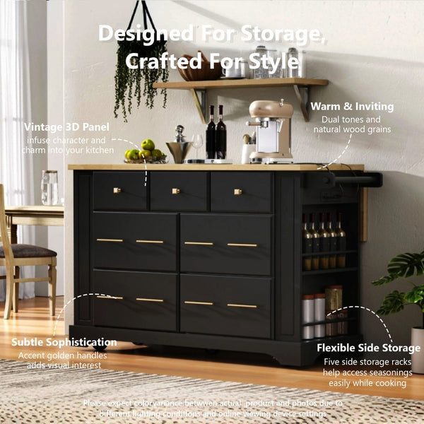 English Elm K&k Rolling Kitchen Island Six Drawers Drop Leaf Built-in Charging Vintage Style Black N707S307292B