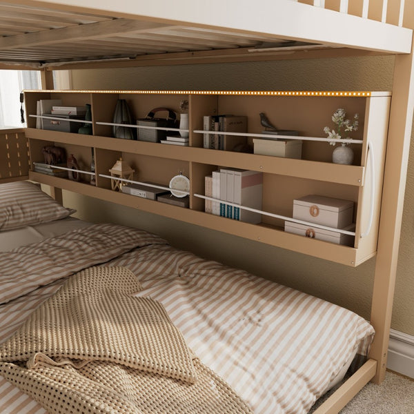 English Elm Full Over Bunk Bed with Led Lighting Pegboard Shelving and Pine Wood Frame Beige LT000278AAA