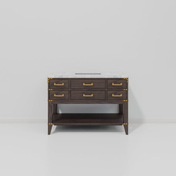 English Elm Brown Oak Single-Sink Vanity 48" With Elegant Carrara Marble Top, Soft-Close Drawers & Ample Storage B2731P260212
