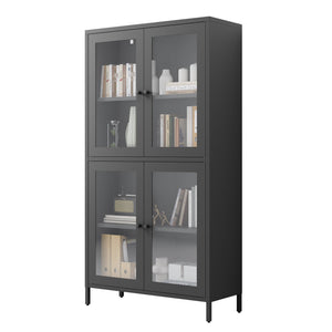 English Elm Classic Metal Storage Cabinet With 4 Glass Doors, Adjustable Shelves For Home & Office – Black Finish W2378P176372
