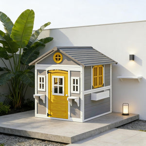 English Elm Backyard Fir Wood Kids Playhouse with Plant Boxes Retro Windows and Rain Resistant Roof T3971P491823