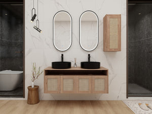 English Elm 48" Floating Bathroom Vanity Oak Finish Dual Ceramic Sinks Four Soft Close Doors W999S00499