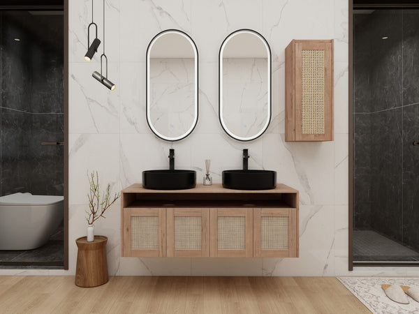 English Elm 48" Floating Bathroom Vanity Oak Finish Dual Ceramic Sinks Four Soft Close Doors W999S00499