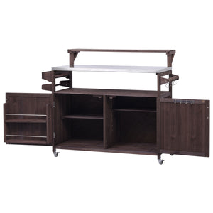 English Elm K&K 53.3" Outdoor Kitchen Island with 1.2" Stainless Top, Spacious Storage, Raised Shelf, Wheels Brown N707P250628Z