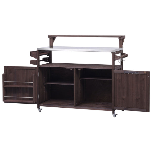 English Elm K&K 53.3" Outdoor Kitchen Island with 1.2" Stainless Top, Spacious Storage, Raised Shelf, Wheels Brown N707P250628Z