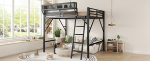 English Elm Queen Size Metal Loft Bed with Ladder and Built-In Storage Shelves, High Durable Black Frame, 400LB Capacity W2580P316650