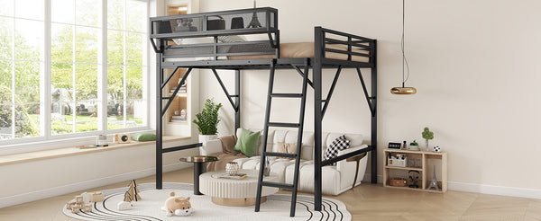English Elm Queen Size Metal Loft Bed with Ladder and Built-In Storage Shelves, High Durable Black Frame, 400LB Capacity W2580P316650