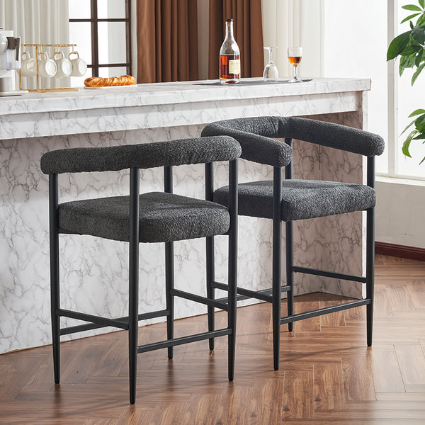 English Elm Modern Upholstered Bar Stools with Boucle Fabric and Armrests, Sturdy Metal Frame, Ergonomic Comfort DARK GREY W1901P264275