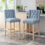 Christopher Knight Home® - Noble House - Lansglen Button Tufted Fabric Wingback Bar Stool, Light Blue and Natural - Set of 2