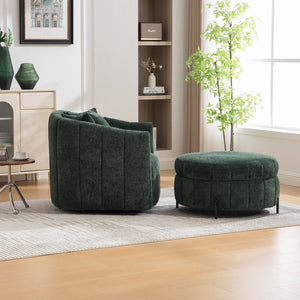 English Elm 39"w Swivel Barrel Club Chair with Channel Tufted Chenille and Round Storage Ottoman Set Green W3118S00049