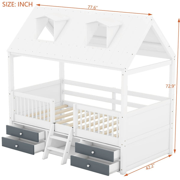 English Elm Twin House Bed Solid Wood Frame with Skylights Ladder Storage Drawers Kids Room White LP000465AAK-2
