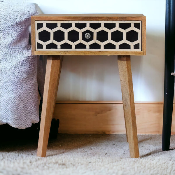 English Elm Bone Inlay Tapered Nightstand Oak with 1 Drawer and Nordic Legs — Solid Wood, Clean Lines, Cozy Chic B182P166557