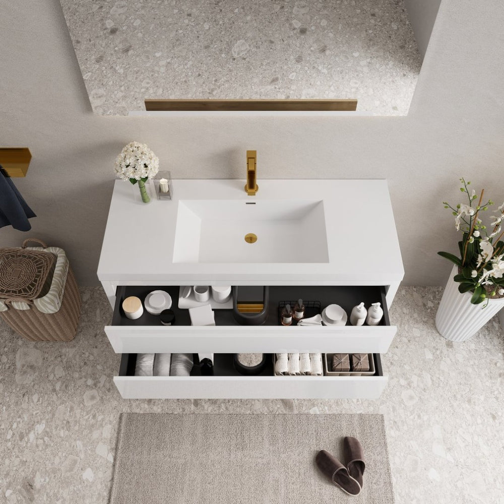 English Elm 48" Floating Bathroom Vanity Stone Resin Sink Soft Close Drawers Glossy White W1573S00101