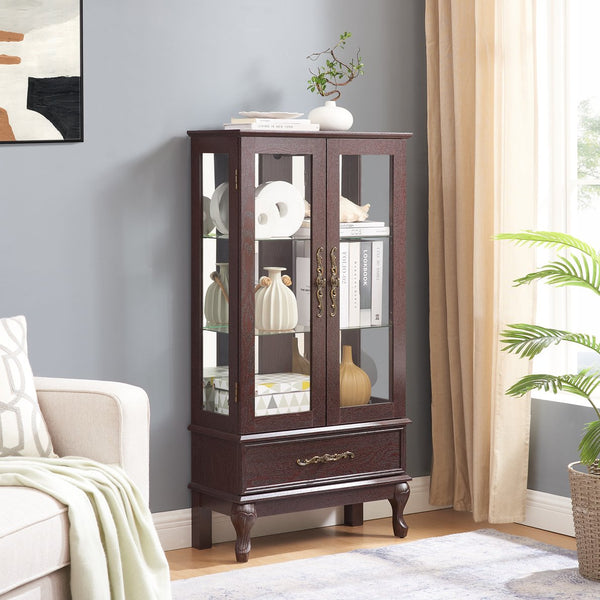 English Elm Curio Lighted Glass Display Cabinet with Adjustable Shelves, Vintage Drawer & Carved Metal Handle, Dark Finish Cherry W2275P199813