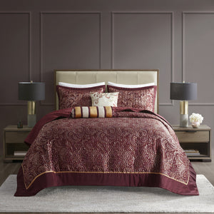 English Elm 5 Piece Aubrey Reversible Jacquard Bedspread Set King with Paisley Motif, Gold Sheen, Quilted Elegance Burgundy 22.83 L x 18.11 W x 8.27 H B03597643