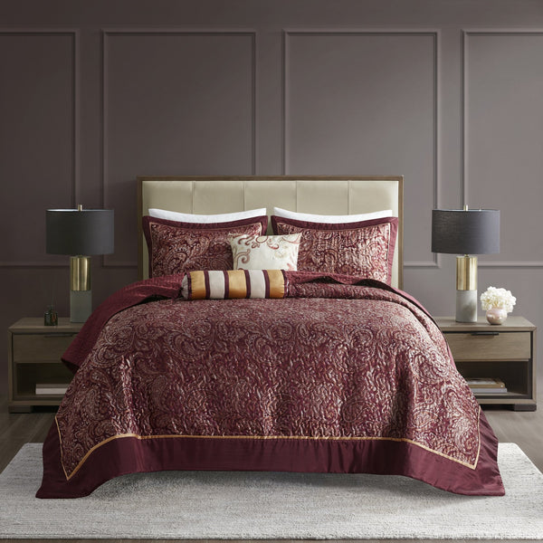 English Elm 5 Piece Aubrey Reversible Jacquard Bedspread Set King with Paisley Motif, Gold Sheen, Quilted Elegance Burgundy 22.83 L x 18.11 W x 8.27 H B03597643