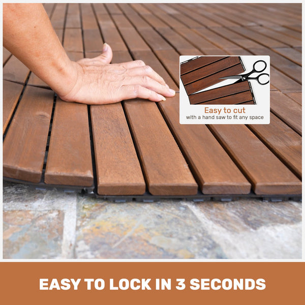 English Elm 30 Interlocking Deck Tiles 12" Square Acacia Hardwood Striped Outdoor Flooring Waterproof DIY Brown W2391P276690