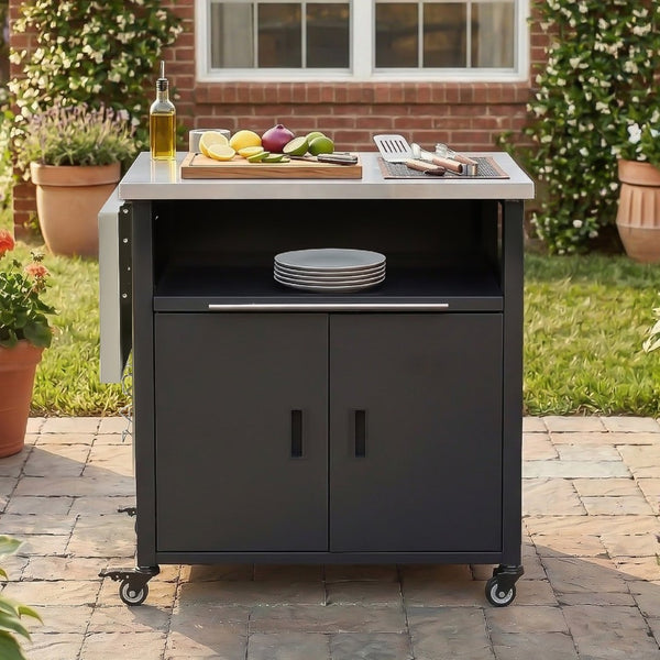 English Elm Outdoor Bbq Prep Cart Rolling Stainless Steel Grill Station with Foldable Work Surface Black N719P407404B