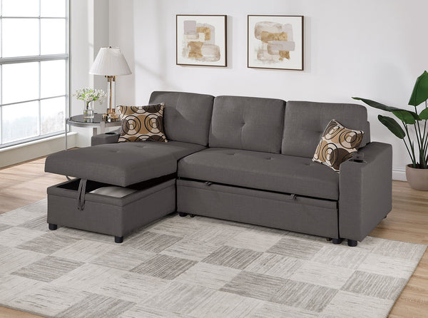 English Elm Ash Convertible Sectional Sofa with Pull-Out Bed, Reversible Storage Chaise, Cupholders, Tufted Elegance B011S01021