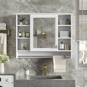 English Elm 3-in-1 Wall Mounted Medicine Cabinet with Soft Close Door Towel Bar and Vanity Mirror White N710P358618K