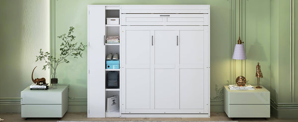 English Elm Full Size Murphy Bed with Open Shelving Wardrobe and Led Lighting for Studio Spaces White LP000898AAK