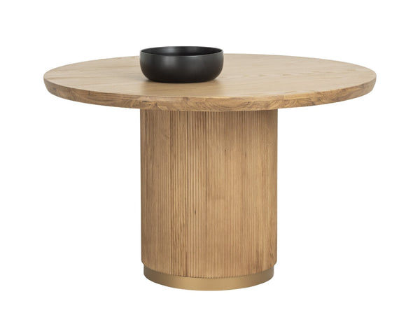 Sunpan KALLA Round Dining Table - Rustic Oak with Vertical Reeding & Gold Steel Base for Stylish Dining 112365