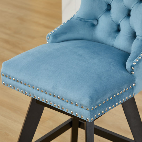 English Elm Swivel Velvet Barstools with Tufted Back Support, 360° Rotation, Foam & Spring Cushion, Sturdy Wooden Frame Light Blue W1143P369089