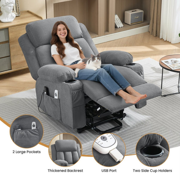 English Elm Swivel Rocker Recliner with Massage Heat and Usb Port for Living Room Comfort Grey W1521P425512