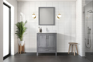 English Elm Distressed Grey Bath Vanity with White Quartz Top, Faucet & 28" Mirror — Durable Scratch-Resistant Surface B2731S01253