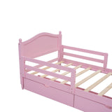 English Elm Twin Size Wood Platform Bed With Guardrails On Both Sides and Two Storage Drawers ,Pink