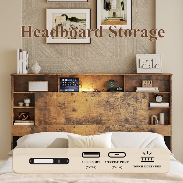 English Elm Full Platform Bed Wood Headboard with Led Lighting Charging Ports and Bookcase Storage W636P444676