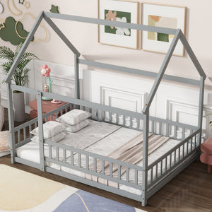 English Elm Full Size House Bed Frame With Roof, Safety Guardrails, Grey Finish - Perfect For Kids' Room Fun! W504P286407