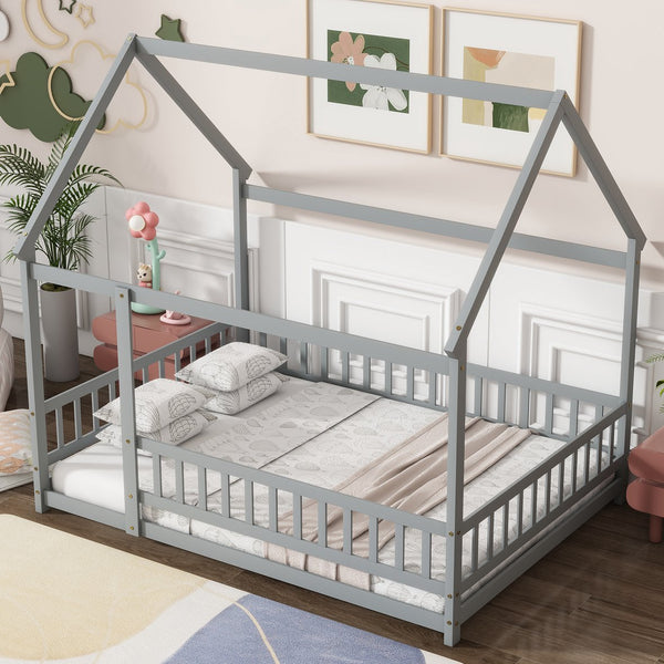 English Elm Full Size House Bed Frame With Roof, Safety Guardrails, Grey Finish - Perfect For Kids' Room Fun! W504P286407