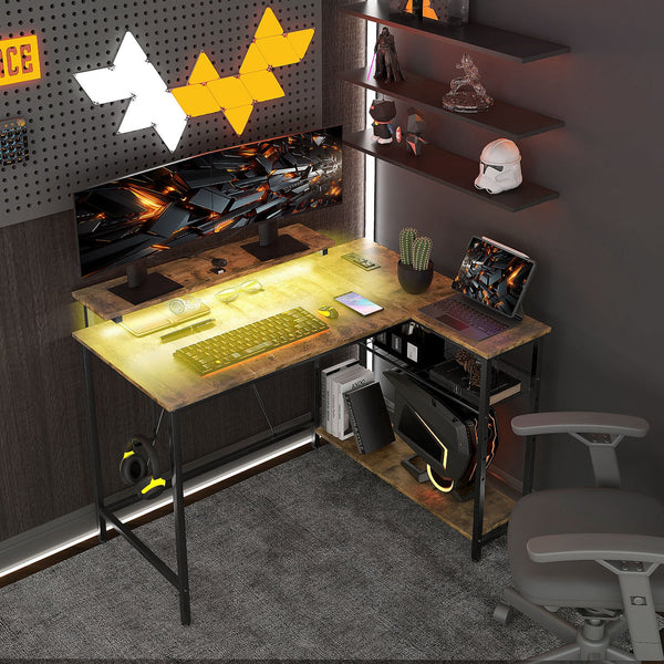English Elm HOMCOM LED L-Shaped Desk with USB & Power Outlets, Monitor Stand, Shelves, Remote Lighting Ambience Rustic Brown W2225P217260