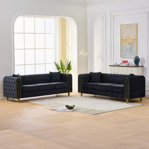 English Elm 3 Seater Chesterfield Velvet Sofa Tufted Rolled Arms Gold Legs Glam Living Room Black W3373S00086