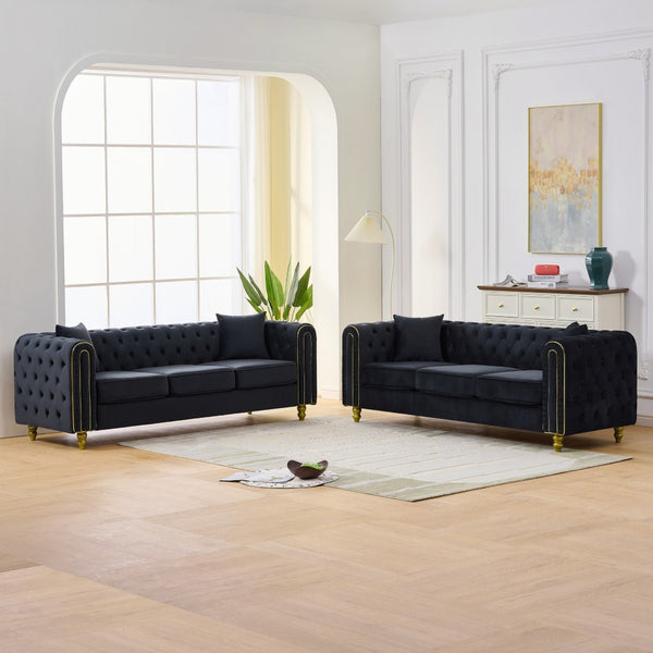 English Elm 3 Seater Chesterfield Velvet Sofa Tufted Rolled Arms Gold Legs Glam Living Room Black W3373S00086