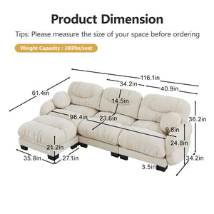 English Elm Pleated Chenille Sectional Sofa with Ergonomic Foam Sculptural Curved Armrests Living Room Beige W5656S00041