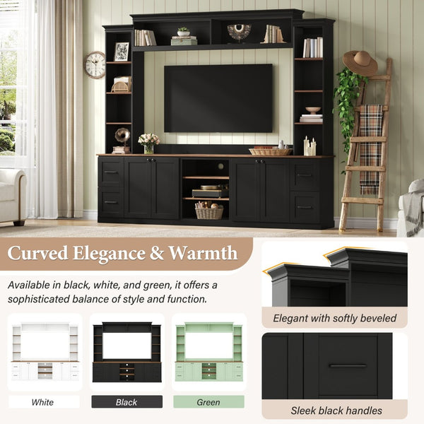 English Elm Unique Low Profile Media Console with Led Lighting Glass Shelves Fits Tvs to 105 Black N721S000077B